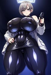 abs ai_generated bare_shoulders bodysuit breasts cameltoe covered_navel covered_nipples curvy female grey_eyes grey_hair gun h_earth_(style) handgun holding holding_weapon huge_breasts impossible_clothes looking_at_viewer original self_upload shiny short_hair silver_hair skin_tight solo thick_thighs thighs weapon wide_hips