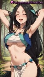 1girls :d ^_^ ai_generated anime anime_style armpit armpits arms_behind_head arms_up bandeau bangs bare_shoulders black_hair blue_vest blush breasts bust busty closed_eyes closed_eyes collarbone cowboy_shot crop_top cropped_vest day female female_focus female_only female_solo forehead forest groin hair_ornament hentai jewelry large_breasts loincloth long_hair low-tied_long_hair medium_breasts natsuyoru nature navel necklace non-asian open_mouth outdoors parted_bangs pelvic_curtain sadeena skirt sleeveless smile solo solo_female standing stomach tate_no_yuusha_no_nariagari teeth the_rising_of_the_shield_hero tree underboob upper_teeth_only very_long_hair vest voluptuous voluptuous_female