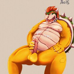 1boy 2015 anthro areola balls biceps bowser claws collar cum cum_on_body cum_on_chest cum_on_hand cum_on_penis cum_on_stomach dragon erection grey_background hair horn king koopa male male_only mario_(series) masturbation muscles neokandra nintendo nipples nude open_mouth orgasm pecs penis penis_grab reptile royal_rod royalty scalie sharp_claws sharp_teeth shell short_hair simple_background sitting smile solo spikes spread_legs spreading teeth thick_penis tongue turtle vein veiny_penis