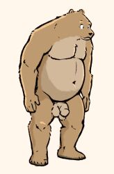 2024 anthro balls bear brown_body brown_fur ernest_(ernest_and_celestine) ernest_and_celestine flaccid fur genitals male mammal musclegut muscular muscular_male navel nottrevbe nude penis simple_background solo standing uneven_balls white_background