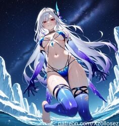 ai_generated bikini bikini_bottom bikini_top blue_bikini elbow_gloves grin ice long_hair patreon patreon_username red_eyes stockings wading wet wet_body white_hair xzollosez