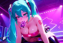 1boy ai_generated aqua_eyes aqua_hair blacklight condom condom_in_mouth glowing_eyes hatsune_miku latex_clothing miniskirt minokai nightclub on_top_of_another penis pussy pussy_juice self_upload thighhighs tubetop twintails vocaloid