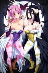 2girls albedo_(overlord) angel angel_wings animal_ears animal_print bare_shoulders bat_print bird_ears black_hair black_wings breasts bridal_gauntlets brown_footwear cleavage closed_mouth collarbone commentary cosplay covered_navel crossover darkstalkers demon_girl demon_horns demon_wings english_commentary feathered_wings fur-trimmed_leotard fur_trim gradient_hair hair_between_eyes halloween halo head_wings high_heels highleg highleg_leotard highres horns jibril_(no_game_no_life) large_breasts leotard lindaroze long_hair looking_at_viewer low_wings magic_circle moon morrigan_aensland morrigan_aensland_(cosplay) multicolored_eyes multicolored_hair multiple_girls no_game_no_life off-shoulder_leotard orange_eyes overlord_(maruyama) pantyhose pink_hair pink_pantyhose print_pantyhose purple_leotard slit_pupils spiked_halo standing very_long_hair white_horns white_pantyhose white_wings wing_ears wings yellow_footwear yellow_leotard