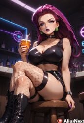 1girls ai_generated aliusnext dominant_female female fishnet_legwear goth goth_girl gothic_girl high_quality high_resolution highres jessie_(pokemon) legwear lipstick long_hair makeup mommy nail_polish nightclub patreon pokemon pokemon_sm purple_hair strong_woman tagme tall tall_female taller_girl villainess