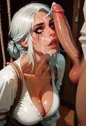 ai_generated big_breasts breasts cd_projekt_red ciri cum cum_on_face female freckles green_eyes light-skinned_female light-skinned_male look_at_penis male mascara mascara_tears penis penis_on_face testicles the_witcher_(series) the_witcher_3:_wild_hunt vekkaro watermark white_hair
