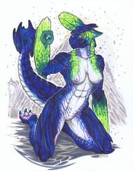 2013 abs abstract_background anthro blue_claws blue_scales brachydios breasts brute_wyvern cracks female fist glowing green_nails green_scales horn iggi kneeling looking_at_viewer monster_hunter muscles muscular_female nipples nude pussy raised_arm red_eyes solo spiked_tail spikes video_games volcano white_nipples white_scales wyvern yellow_scales