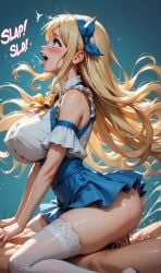 1boy 1girls ai_generated blonde_hair dress female long_hair lucy_heartfilia riding sex tilcox33