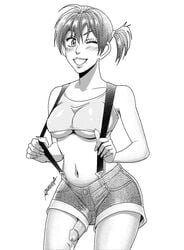 1futa anasheya blush cum cum_on_self dickgirl ejaculation erection futa_only futanari human human_only intersex kasumi_(pokemon) misty_(pokemon) monochrome navel nintendo penis penis_slip pigtail pokemon shorts smile solo standing suspenders tank_top underboob wink