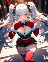 adorable ai_generated big_breasts blue_eyes breasts christmas christmas_outfit cleavage cozy curvy curvy_body curvy_female curvy_figure curvy_hips cute elf elf_ears from_above glossy_lips heterochromia lipstick long_hair lux_(starlightnex) maid mature_female original original_character playful rainbow_nails slim_waist starlightnex stockings thick_legs thick_thighs twintails white_hair wholesome wide_hips yellow_eyes