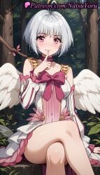 1girls ahoge ai_generated angel_wings anime anime_style antenna_hair asian bangs bare_shoulders blush bow breasts bust busty choker collarbone crossed_legs detached_sleeves dress feathered_wings feet_out_of_frame female female_focus female_only finger_to_mouth fitoria forest grey_hair hair_intakes halo hentai index_finger_raised legs long_sleeves looking_at_viewer medium_breasts natsuyoru nature outdoors pantyhose parted_lips pink_bow pink_choker pink_dress pink_eyes short_hair shushing silver_hair sitting sleeveless sleeveless_dress smile solo solo_female tate_no_yuusha_no_nariagari the_rising_of_the_shield_hero thighs tree voluptuous voluptuous_female white_dress white_hair white_sleeves white_wings wings