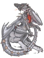 2015 anthro anus black_scales breasts capcom claws dragon feet female gogmazios iggi monster_hunter nude pinup plain_background pose pussy red_eyes slit solo uncensored video_games white_background wings wyvern