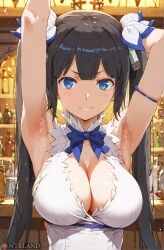 1girls ai_generated armpit_fetish armpits black_hair blue_eyes bodysuit breasts dungeon_ni_deai_wo_motomeru_no_wa_machigatteiru_darou_ka female female_focus goddess hestia_(danmachi) huge_breasts large_breasts looking_at_viewer nipples ntrland smile solo standing tits_out twintails watermark