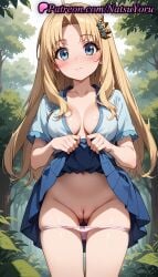 1girls ahoge ai_generated anime anime_style ass_visible_through_thighs bangs blonde_hair blue_eyes blue_shirt blue_skirt blush bow bow_panties breasts bust busty butterfly_hair_ornament cleavage cleft_of_venus closed_mouth clothes_lift collarbone cowboy_shot day female female_focus female_only filo forest groin hair_ornament hentai innie_pussy lifted_by_self long_hair looking_at_viewer medium_breasts natsuyoru nature navel open_clothes open_shirt outdoors paipan panties pantsu panty_pull parted_bangs pink_panties pleated_skirt pussy pussy_juice shaved_vagina shirt short_sleeves skirt skirt_lift solo solo_female standing tate_no_yuusha_no_nariagari the_rising_of_the_shield_hero thigh_gap thighs tree uncensored underwear vagina voluptuous voluptuous_female