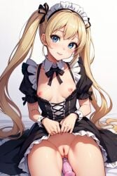 1girls ai_generated blonde_hair blue_eyes dildo female female_only happy maid maid_headdress maid_uniform no_panties pussy skirt_lift small_breasts twintails