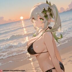 ai_generated beach beautfiul_background bikini huge_breasts nahida_(genshin_impact) reaching serious stunning_backgroud