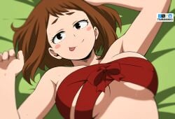 1girls breasts brown_eyes brown_hair female female_focus female_only looking_at_viewer lying lying_on_back medium_breasts medium_hair my_hero_academia ochako_uraraka on_back on_bed ribbon smile solo solo_female solo_focus sweat tongue tongue_out tsuranukko watermark