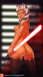 1girls ahsoka_tano alien alien_girl ass breasts clone_wars hypnotized kagato007 latex latex_clothing latex_legwear latex_stockings latex_thighhighs lightsaber looking_at_viewer looking_behind orange_skin possession red_lightsaber reverse_grip sith star_wars stockings thigh_highs thighhighs togruta