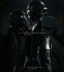 2_panel_comic 3d ambiguous_gender ambiguous_penetration boots close_up clothing dialogue dripping duo english_text gear hand_under_chin height_difference helldiver_(helldivers) helldivers_2 helmet helmet_only helmet_with_visor implied_anal implied_penetration implied_sex lifted_legs masked masked_male obscured_face subtitles suggestive_fluid tauntilock