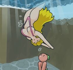 big_breasts big_thighs blonde_hair blush bubble bubbles diving happy looking_up mario_(series) okami_tomato pink_bikini princess_peach revealing_swimsuit sling_bikini super_mario_64 tomato_(okami_tomato) underwater waterfall