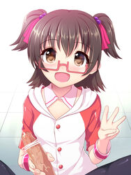 :d akagi_miria black_hair blush brown_eyes censored eyewear female fujimiya_yuu glasses handjob idolmaster idolmaster_cinderella_girls open_mouth penis short_hair smile solo_focus straight tied_hair twintails two_side_up