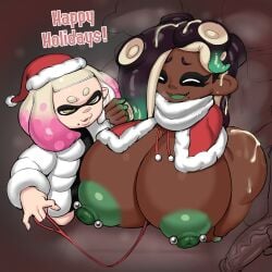 2girls areolae big_breasts breasts christmas dark-skinned_female grey_impact huge_breasts inkling leash marina_(splatoon) nintendo octoling pearl_(splatoon) pierced_nipples santa_hat size_difference splatoon splatoon_(series) splatoon_2 tagme