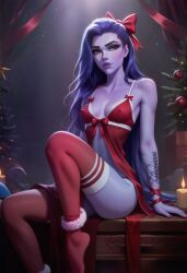 1girls ai_generated bow fit_female leg_up lingerie overwatch ragen ragen_nsfw ribbon seductive seductive_look seductive_pose seductive_smile solo thighhighs widowmaker