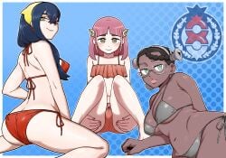 3girls amarys_(pokemon) bikini breasts carmine_(pokemon) dark-skinned_female dark_skin elite_four female female_only gooberman lacey_(pokemon) light-skinned_female pokemon pokemon_sv swimsuit