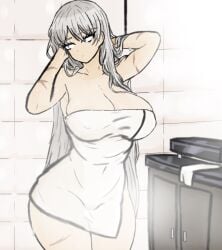 angelica_(library_of_ruina) barely_clothed big_breasts breasts cleavage curvaceous curvaceous_body curvaceous_female curvaceous_figure curvaceous_hips curvy curvy_body curvy_female curvy_figure curvy_hips female female_focus female_only hips library_of_ruina project_moon scar scars scars_all_over shower steam steamy thick_hips thick_thighs thigh_highs thighhighs thighs towel towel_around_body towel_only trenchthemedic white_hair wide_hips