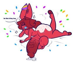 birthday bunny bunny_boy bunny_ears femboy huge_ass huge_balls huge_cock huge_thighs lagomorph laying_down male musk musk_clouds red_fur red_hair red_skin shulky shulky_bnuuy sweat thick_thighs