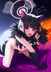 1girls animal_ears black_hair blue_archive cat_ears catgirl costume ett kazusa_(blue_archive) kemonomimi kneeling looking_at_viewer nude nude_female red_eyes small_breasts