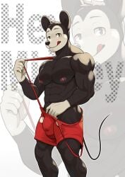 2024 anthro black_body bottomwear bulge clothing disney male male_only mammal mickey_mouse mouse mumu202 murid murine muscular pants red_bottomwear red_clothing red_pants rodent solo tongue tongue_out white_body