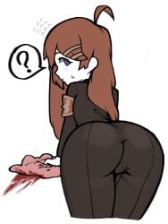 1girls ? ahoge armband ass ass_focus ass_visible_through_clothes blood blue_eyes brown_hair cleaning cleaning_rag clothed_female clothing dat_ass female female_only hairclip hod_(lobotomy_corporation) huge_ass large_ass lobotomy_corporation long_hair looking_at_viewer looking_back project_moon rag simple_background solo suit sweat sweatdrop thighs white_background