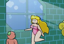 blonde_hair bubbles coin coins mario_(series) okami_tomato one_piece_swimsuit pink_swimsuit princess_peach secret_aquarium_(mario_64) super_mario_64 swimming swimsuit tomato_(okami_tomato) underwater window