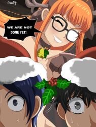 1girls 2boys absurd_res animal_ear_hairband asking_for_more black_eyes black_hair blue_eyes blue_hair christmas closed_eyes deer_horns dialogue english_text female glasses horns_hairband karbuitt long_hair male mistletoe neck_bell orange_hair persona persona_5 ren_amamiya sakura_futaba santa_hat smiling speech_bubble teeth_showing wide_eyed yusuke_kitagawa