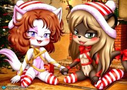 2girls anthro bbmbbf blush chani_(ajdurai) christmas diamond_level domestic_cat feline female female/female female_only furry hi_res jenny_(ajdurai) little_tails looking_at_viewer nude open_mouth otter palcomix pietros_secret_club pussy tongue yuri