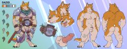 animal_genitalia anthro armor balls belt blue_eyes canid canine canine_genitalia canis claws dazed_(saltysteakk) digitigrade dingo fur fur_markings genitals hi_res ho_tdoug male mammal markings model_sheet nude sheath solo tan_body tan_fur unconvincing_armor weapon