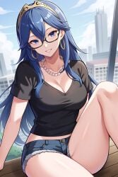 ai_generated allya big_breasts big_breasts big_breasts big_cleavage big_earrings black_topwear blue_eyes blue_hair blue_hair_female breasts breasts cleavage daisy_dukes earrings fire_emblem glasses golden_earrings golden_tiara hotpants large_breasts legs long_blue_hair looking_at_viewer lucina_(fire_emblem) one_leg_up pearl_necklace short_pants sitting sitting_on_bench slim_waist smiling smiling_at_viewer thick_thighs thighs tiara tight_topwear