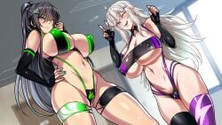 2girls :q ahoge black_eyes black_hair blush breasts covered_erect_nipples elbow_gloves enadori_oneesan_to_ecchi_shiyo? feet_out_of_frame female_focus fingerless_gloves gloves grey_hair groin hayashi_cherry high_ponytail highres huge_breasts indoors legs long_hair mole mole_under_mouth multiple_girls nail_polish naughty_face navel one_eye_closed original revealing_clothes slingshot_swimsuit smile standing swimsuit thighhighs thighs tongue tongue_out wink yellow_eyes