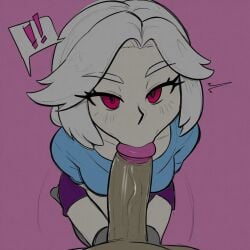 1boy 1girls blowjob blue_shirt blush brawl_stars colette_(brawl_stars) looking_at_partner looking_at_viewer looking_pleasured penis red_eyes sucking white_hair white_penis