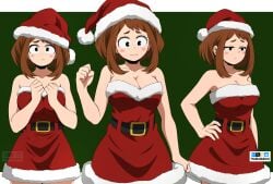 1girls big_breasts breasts brown_eyes brown_hair christmas closed_mouth female female_focus female_only looking_at_viewer medium_hair my_hero_academia navel ochako_uraraka santa_costume santa_hat solo solo_female solo_focus sweat tsuranukko watermark