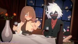 3d accidental_circumstance accidental_exposure bangs bangs_over_one_eye big_breasts blush cleavage doubledigit64 komori_kinoko my_hero_academia nipple_slip resturant shihai_kuroiro surprised wardrobe_malfunction wine