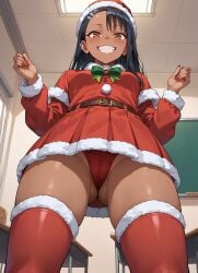 1girls ai_generated black_hair blush blush_lines brown_eyes cameltoe christmas_clothing christmas_outfit classroom clothed clothed_female clothing dark-skinned_female dark_skin eyebrows eyelashes female female_only front_view grin hairclip hayase_nagatoro indoors legwear looking_down panties please_don't_bully_me,_nagatoro solo solo_female standing teenage_girl teenager thighhighs underwear