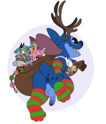 alien anthro antlers anus ass backsack balls black_eyes blue_body blue_fur christmas christmas_clothing christmas_headwear clothing disney erection experiment_(lilo_and_stitch) fingerless_gloves footwear foreskin fur genitals gloves handwear hat headgear headwear hi_res holidays horn lilo_and_stitch looking_at_viewer looking_back looking_back_at_viewer male mostly_nude penis santa_hat smile socks solo stitch_(lilo_and_stitch) tbid