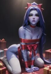 3d ai_generated all_fours bound bow bowtie half_naked kneeling loose_socks overwatch ragen ragen_nsfw ribbon ribbon_bondage ribbons seductive socks thighhigh_socks thighhighs widowmaker wrapped