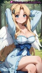 1girls ahoge ai_generated alternate_breast_size angel_wings anime anime_style arms_behind_head arms_up bangs bird_wings blonde_hair blue_bow blue_dress blue_eyes blush bow breasts bust busty cleavage closed_mouth collarbone crossed_legs day dress feathered_wings feet_out_of_frame female female_focus female_only filo forest hair_intakes hair_ornament hentai large_breasts legs long_hair long_sleeves looking_at_viewer natsuyoru nature outdoors parted_bangs sitting smile solo solo_female tate_no_yuusha_no_nariagari the_rising_of_the_shield_hero thighs tree very_long_hair voluptuous voluptuous_female waist_bow white_wings wings