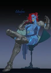 anthro armored_boots armored_gloves artist_request chair dress female fish fish_girl low-angle_view monster_girl muscle muscular muscular_female scar sharp_teeth undertale undertale_(series) undyne