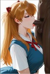 ai_generated asuka_langley_sohryu blonde_hair clothing curvy_body dark-skinned_male dark_skin fellatio female fit_female interracial male mature_female neon_genesis_evangelion oral original_character partial_male penis school_uniform straight tongue tongue_out