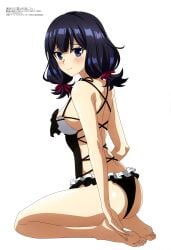 1girls absurdres ass back bare_shoulders black_hair black_one-piece_swimsuit blue_eyes blush breasts closed_mouth cross-laced_clothes cross-laced_one-piece_swimsuit frilled_one-piece_swimsuit frills full_body hair_ribbon highres looking_at_viewer low_twintails magazine_scan medium_breasts medium_hair megami_magazine nageki_no_bourei_wa_intaishitai official_art one-piece_swimsuit red_ribbon ribbon scan seiza sideboob simple_background sitting smile soles swimsuit thighs tino_shade twintails white_background