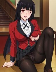 1girls ai_generated big_breasts black_hair grabbing_own_breast jabami_yumeko kakegurui perfect_body perfect_legs red_eyes showing_panties sitting student thick_thighs