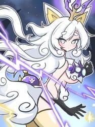 1girls animal_genitalia big_ass big_breasts ear electricity gray_eyes horns huge_breasts jewelry konpee long_hair tail the_battle_cats thighs white_eyes white_hair